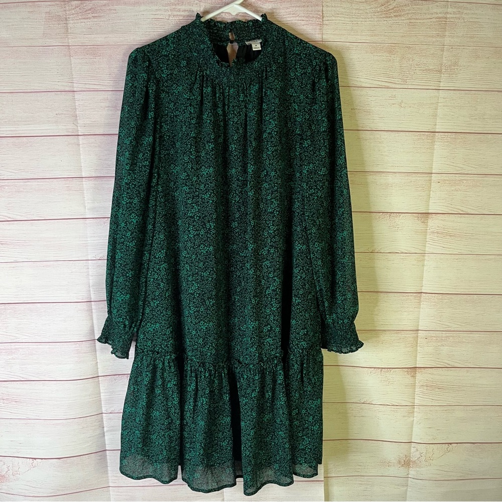 J. Crew‎ Green Black Floral Tiered Smocked Dress Size Small